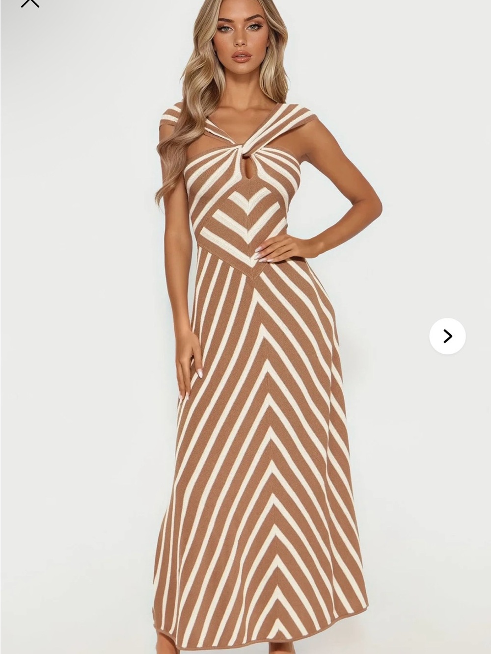 Fashion Nova Taupe & White Striped Knot-Front Maxi Dress